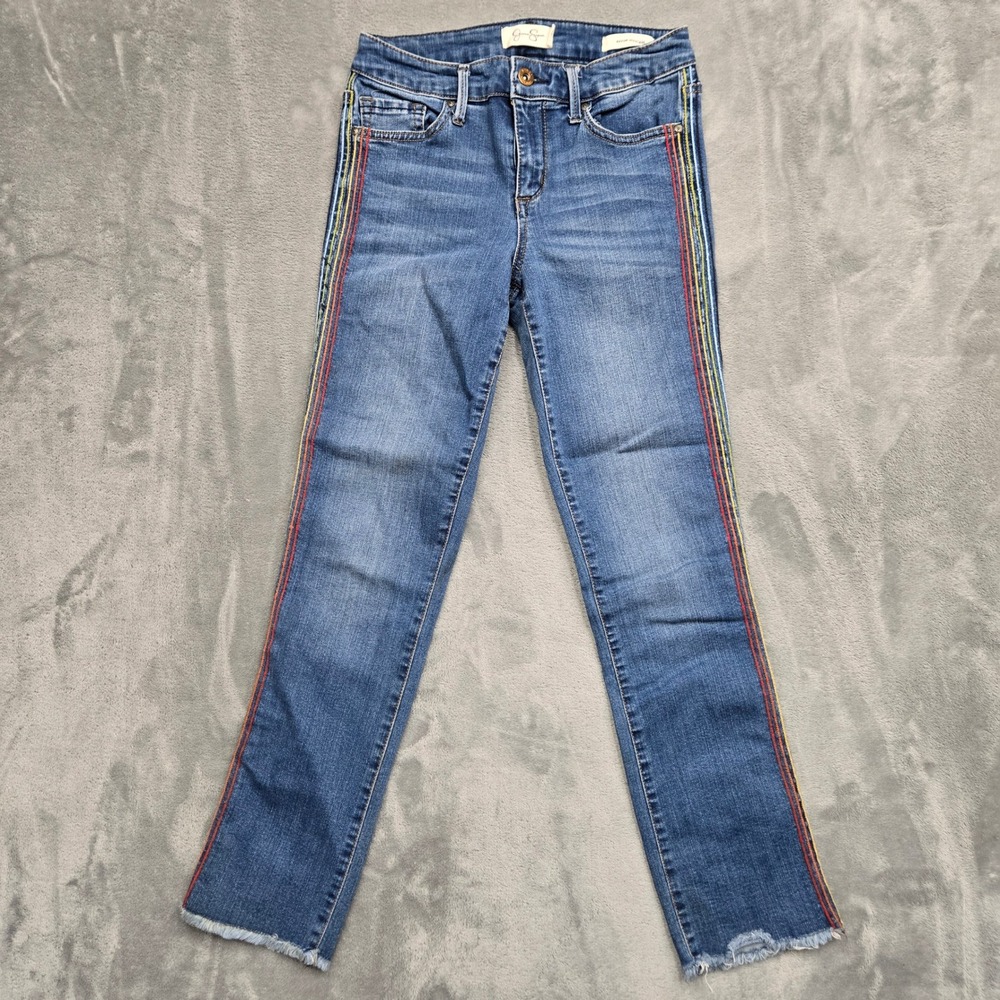 Jessica Simpson Arrow Straight Rainbow Side Stripes Raw Hem Jeans Womens Size 25